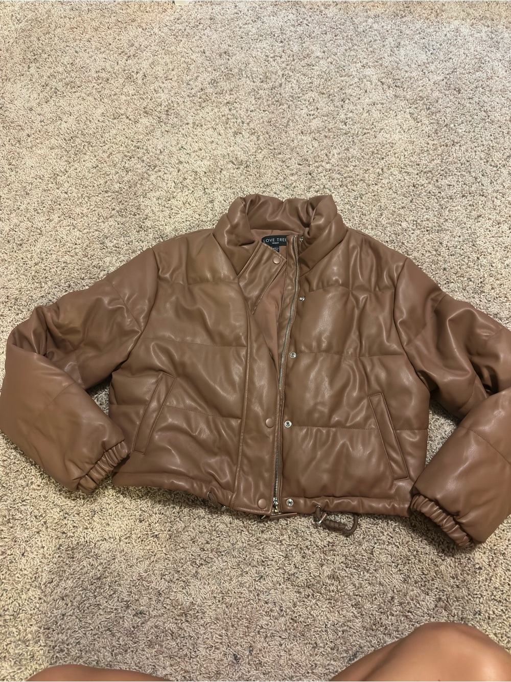 Love Tree Tan Faux Leather Cropped Puffer Jacket